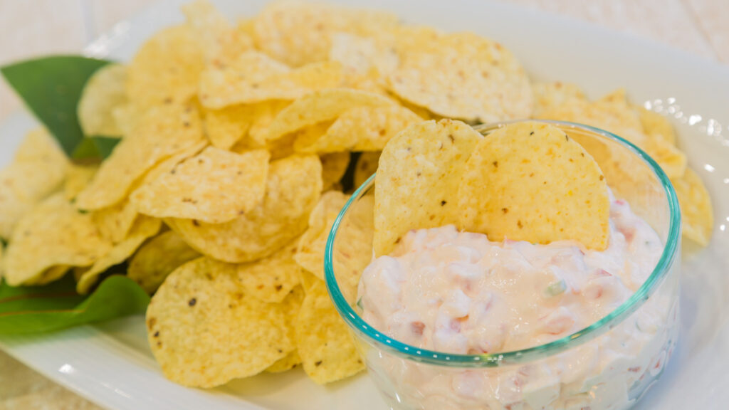 Close up of chips and salmon dip