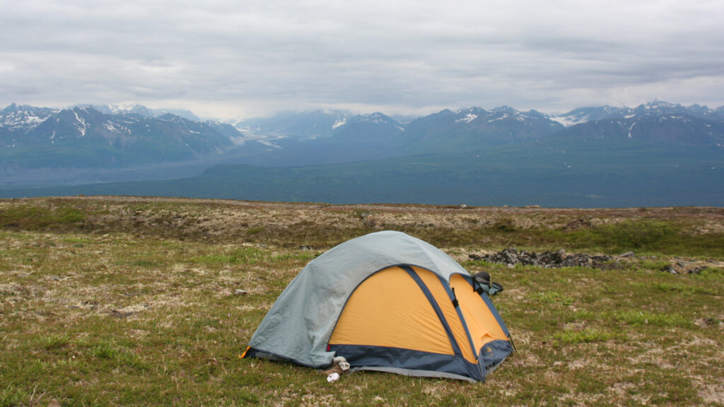 A tent set up in Alaska on a camping trip.
