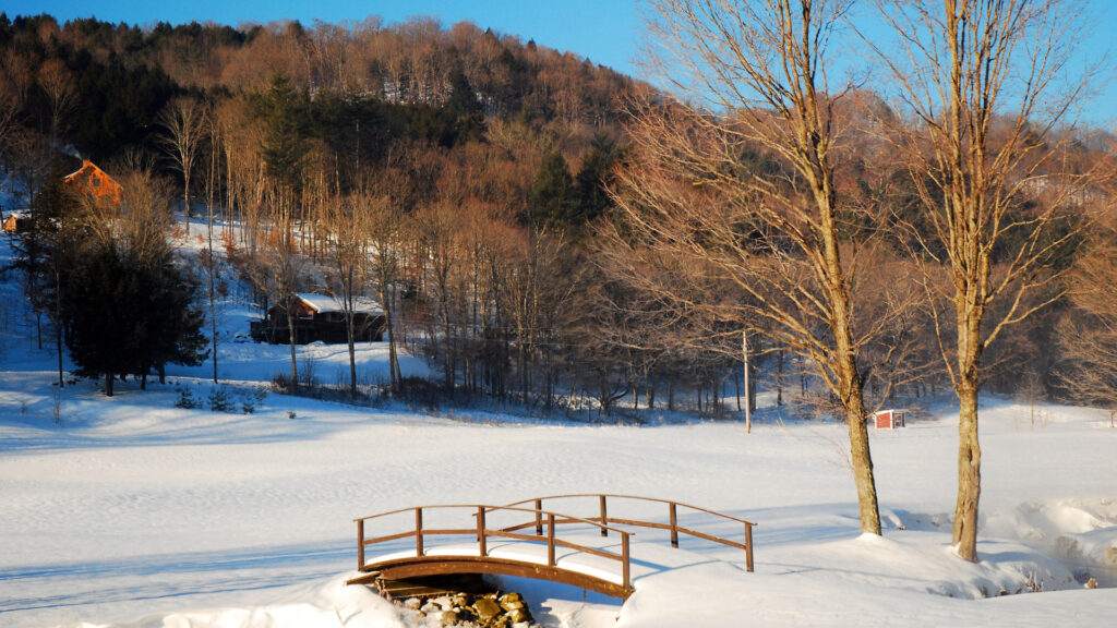 A snow covered park located in Vermont.