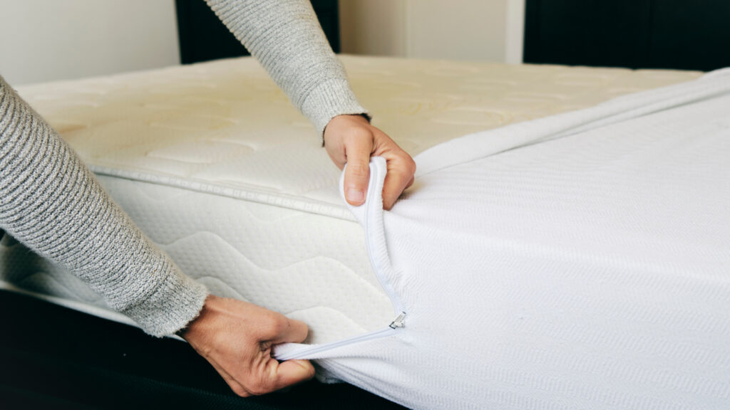 A person adding a mattress cover to their RV mattress after discovering beg bugs.