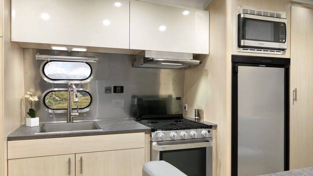 A kitchen area inside an Airstream Flying Cloud.