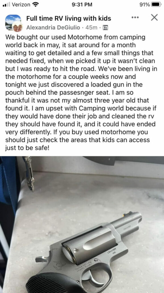 Screenshot of a Facebook post with a loaded gun found in an RV.