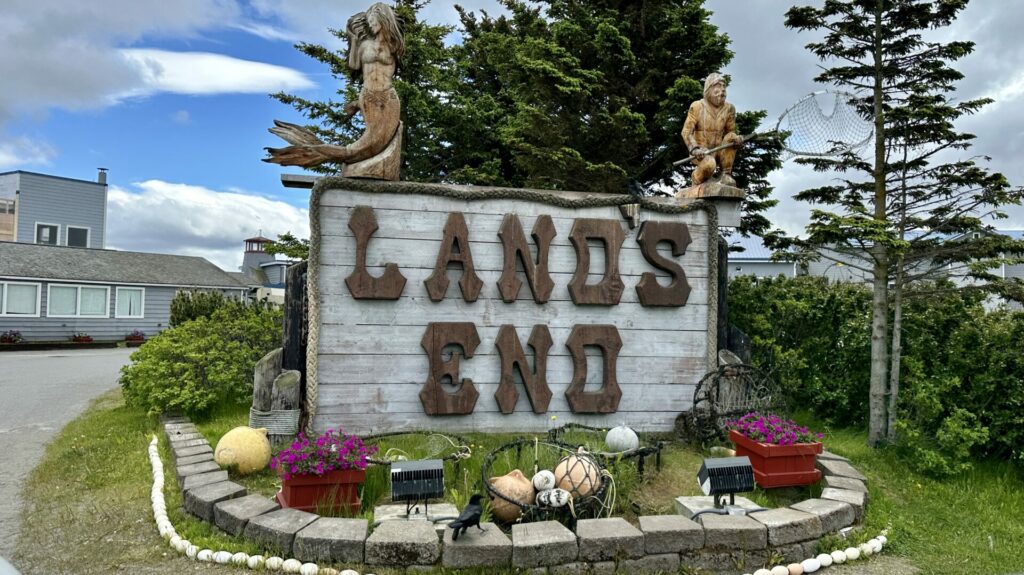 A sign for Land's End in Homer, Alaska.