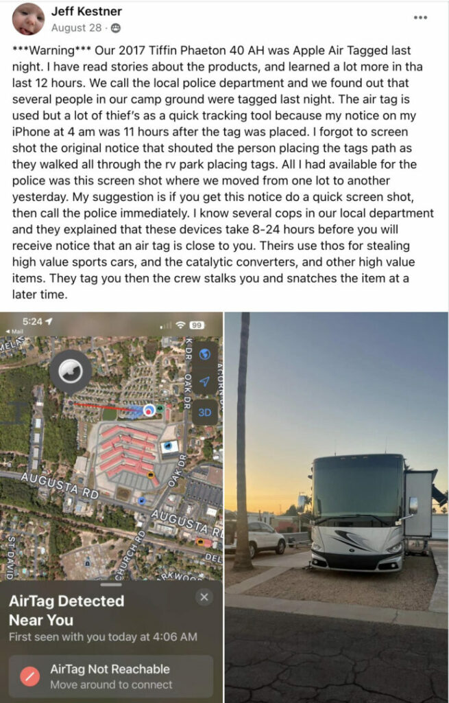A Facebook post about an RVer discovering their RV had been tagged with an AirTag.