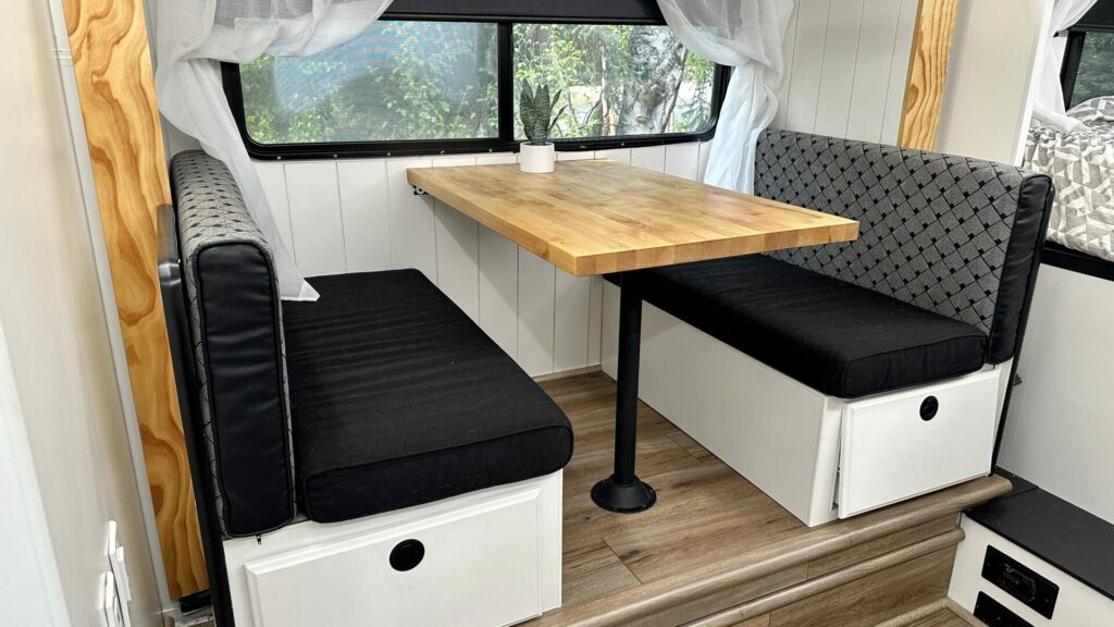 An rv dinette after being remodeled. 