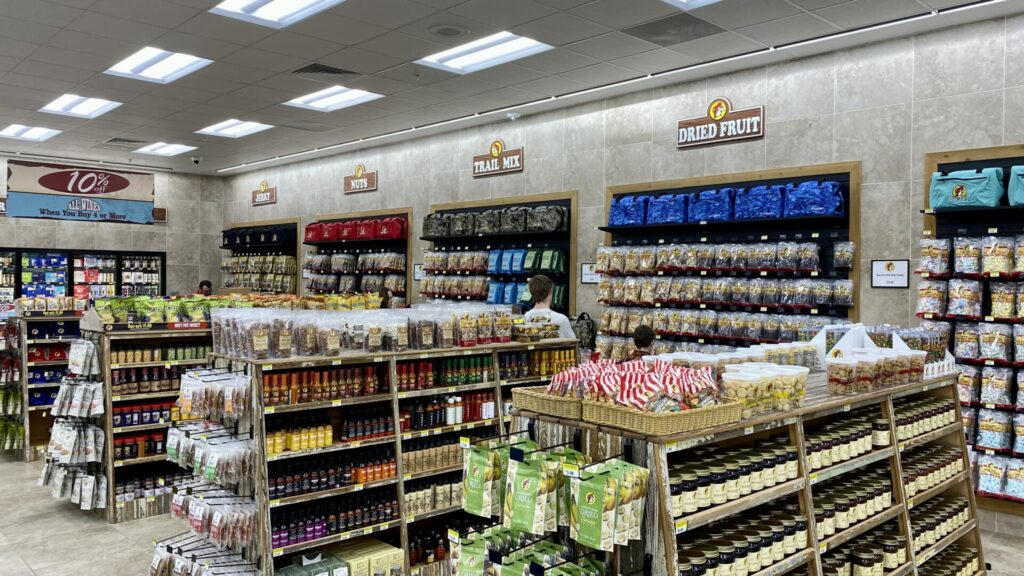 The snack section inside a buc-ees gas station.