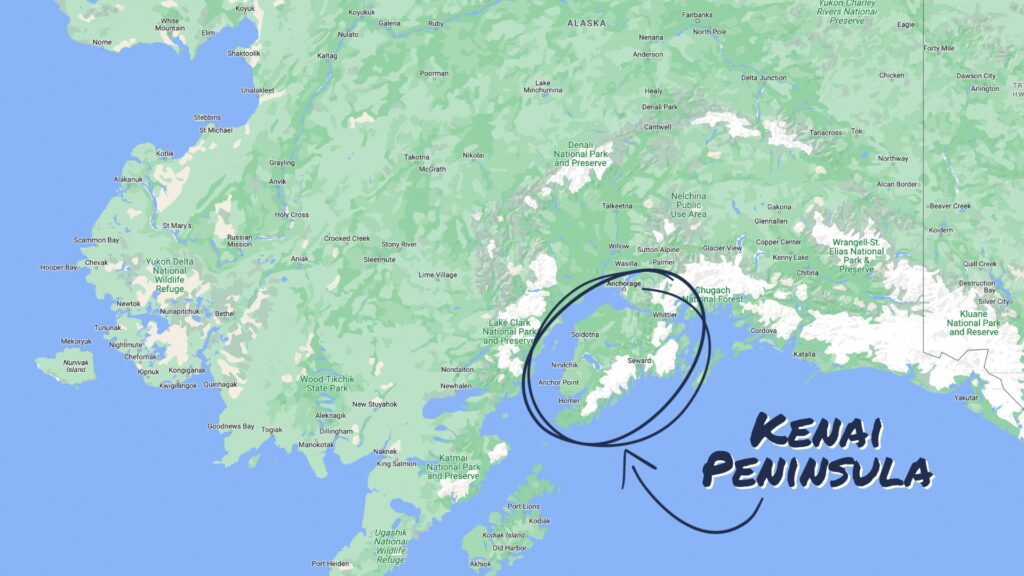 Close up of an Alaskan map with Ken Peninsula circled.