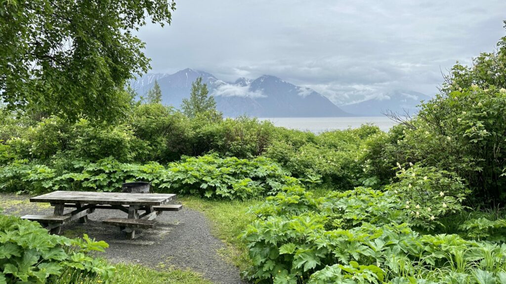 View of a bench by Ken Lake in Hope, Alaska.