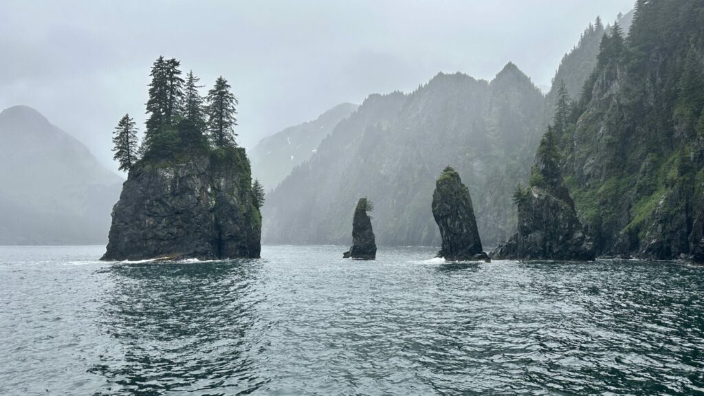 View of kenai fjords from a boat on a tour.