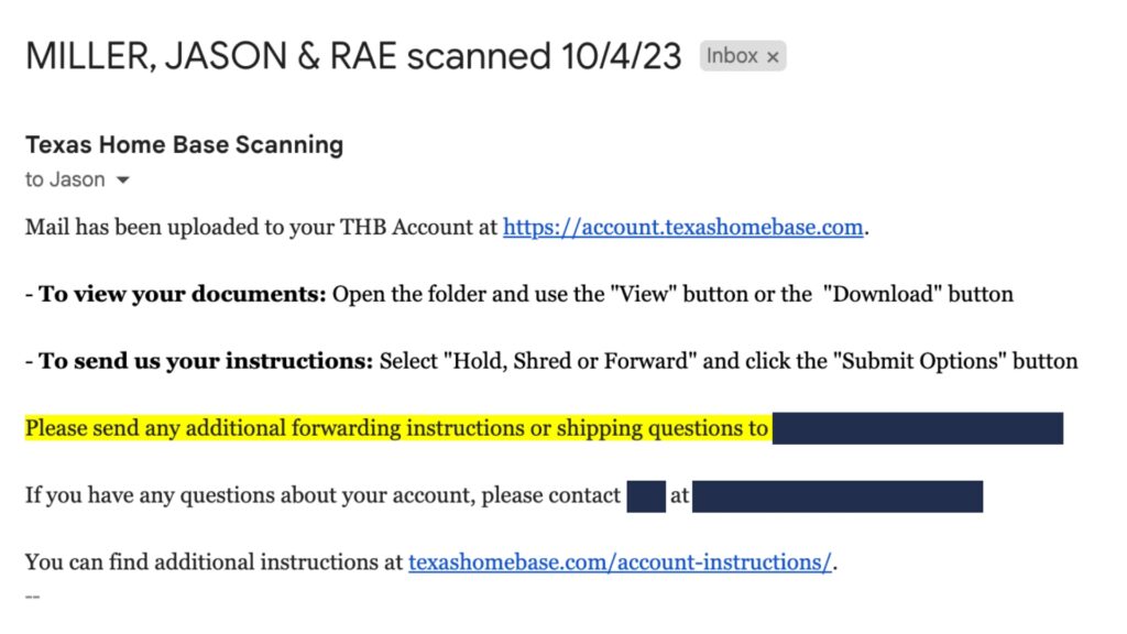 A screenshot of the email we receive when mail has been scanned and ready for our review at Texas Home Base, the best mail forwarding service in Texas 