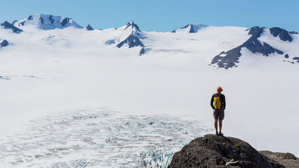 A man looking at a glacier in kenai fjords national park.