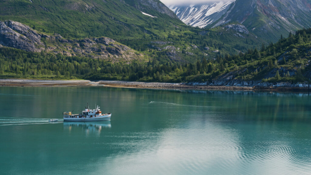 A group of tourists on a glacier bay national park boat tour. 