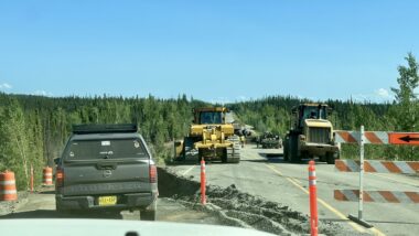Cars backed up on the Alaska Highway during the Destruction Bay portion of the drive.