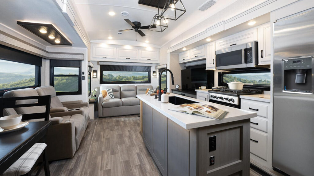 View of the living space inside a Jayco North Point 377RLBH.
