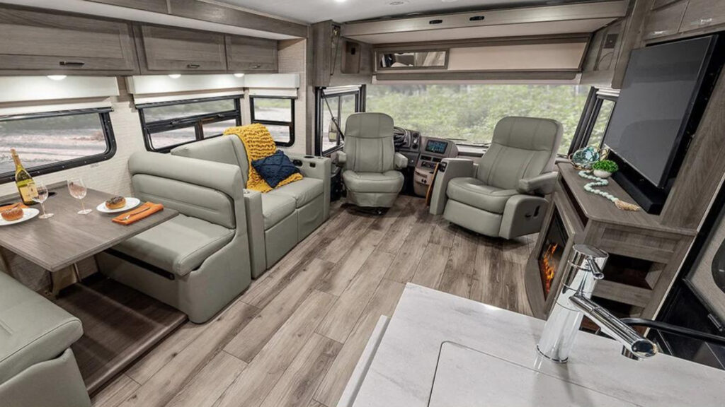 Inside the front unit of a Winnebago Forza 38W.