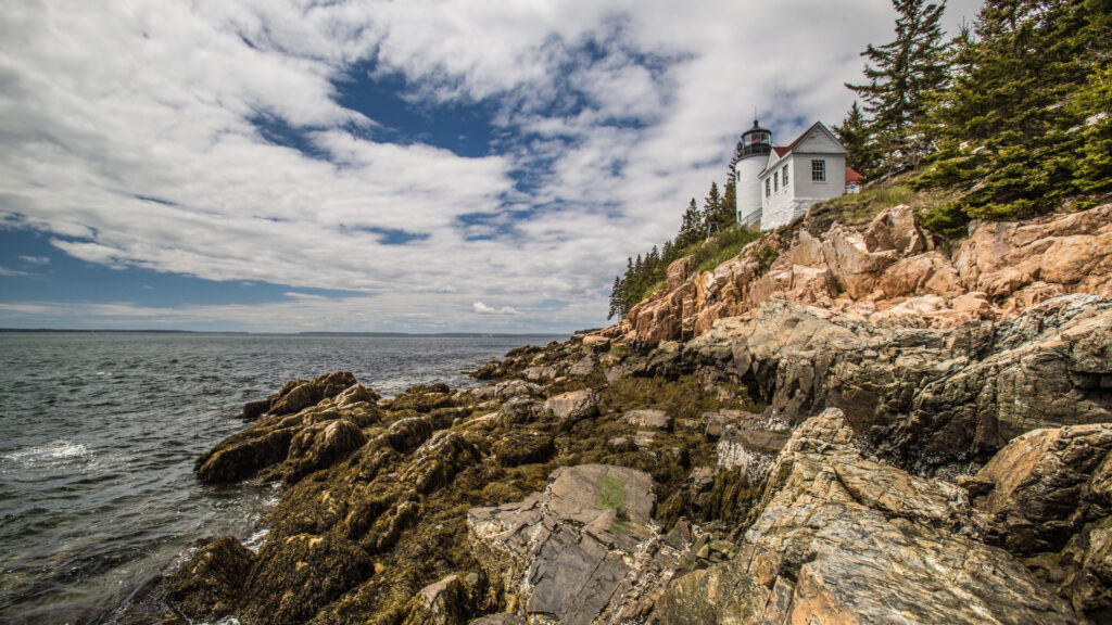 View of bass harbor lighthouse at acadia national park in the fall