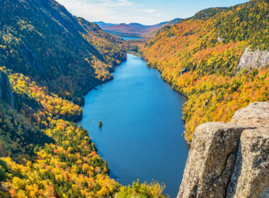 View of a river at Adirondack Park, the largest state park in the United States.