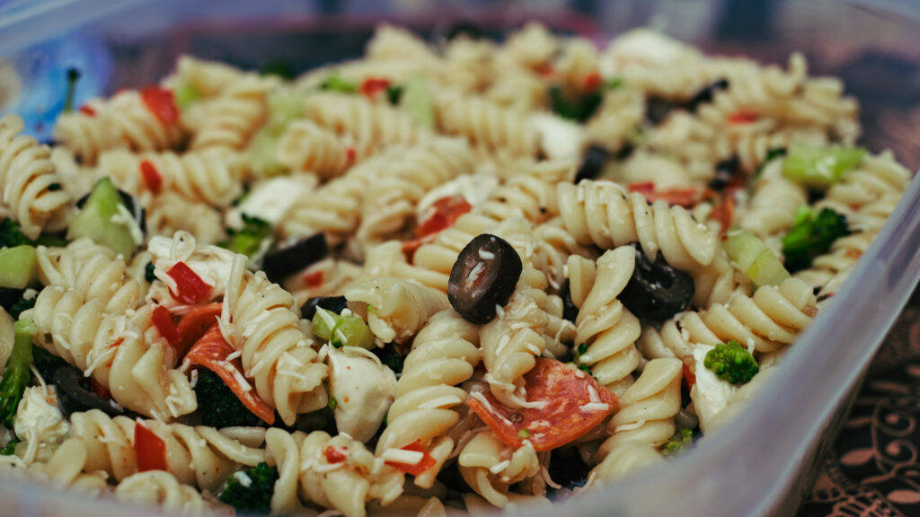 Close up of pasta salad.