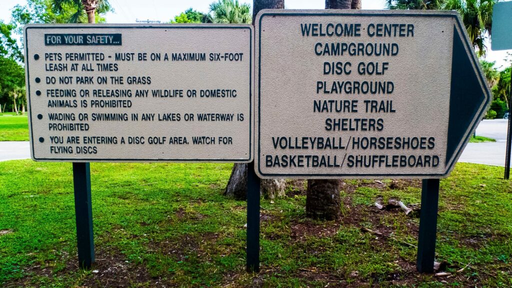 a list of rules displayed at the entrance of an RV park