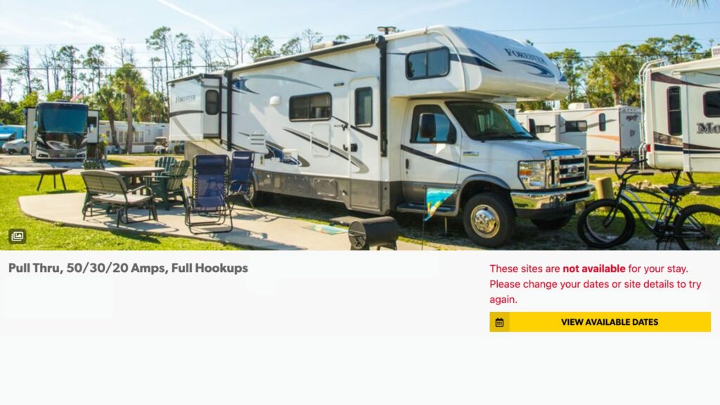 A screenshot of a campground website showing that sites are not available for the dates they want to camp. 