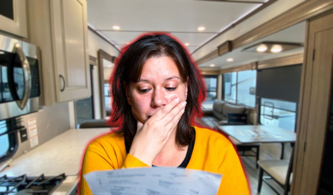 A woman shocked reading her high RV electric bill.
