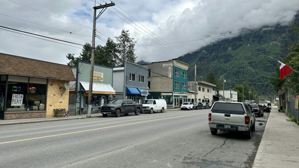 The downtown area of Stewart, British Columbia on a cloudy day