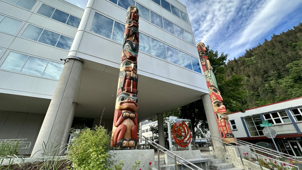 Two totem poles in downtown Juneau, Alaska. 