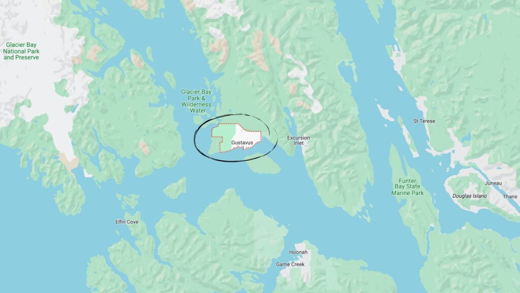 A map of Alaska's Inside Passage with a black circle around Gustavus, AK.