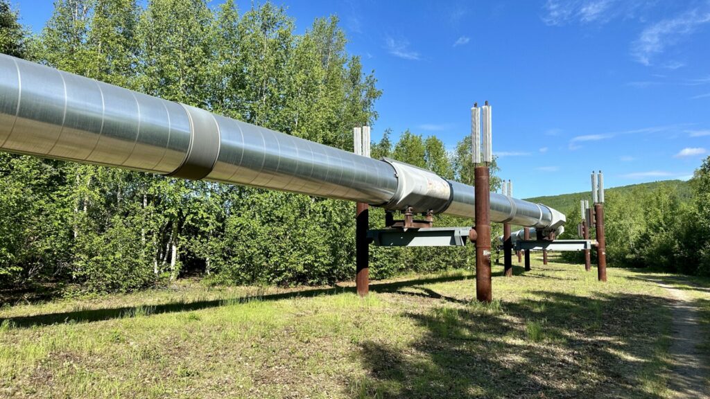 The Trans-Alaska pipeline with a clear blue sky in the background.