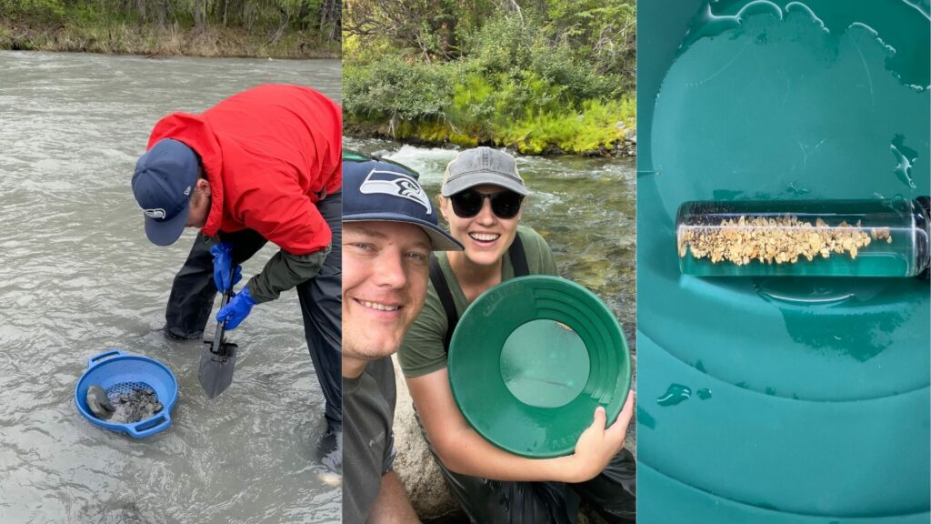 Three images of Jason and Rae Miller, Getaway Couple, panning for gold in Alaska