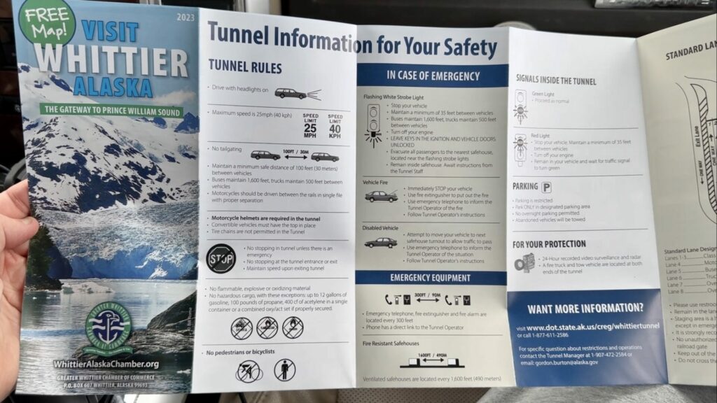 A picture of a pamphlet that lists the tunnel safety information for Whittier Tunnel.