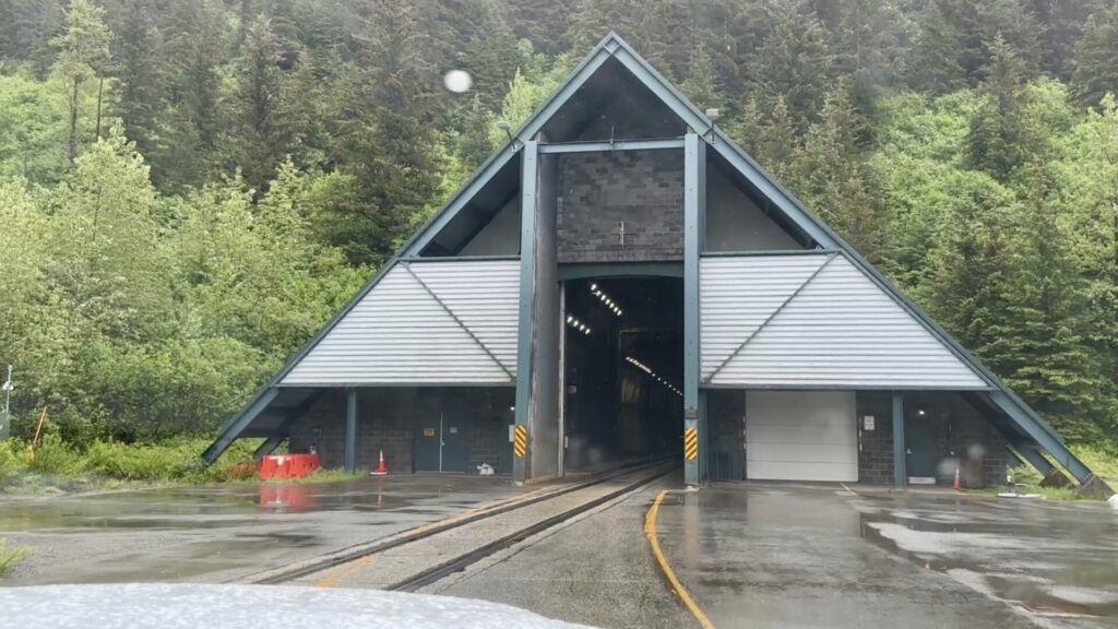 The Whittier Tunnel entrance on a rainy day. 