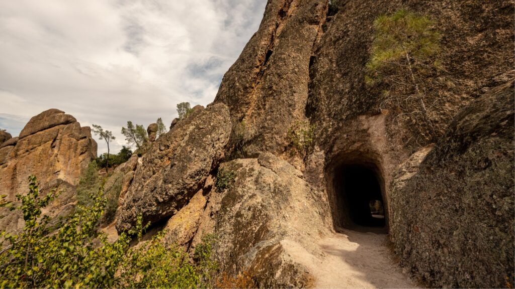The entrance to the Balconies Cave Trail in Pinnacles National Park, showing the tunnel you walk through. 