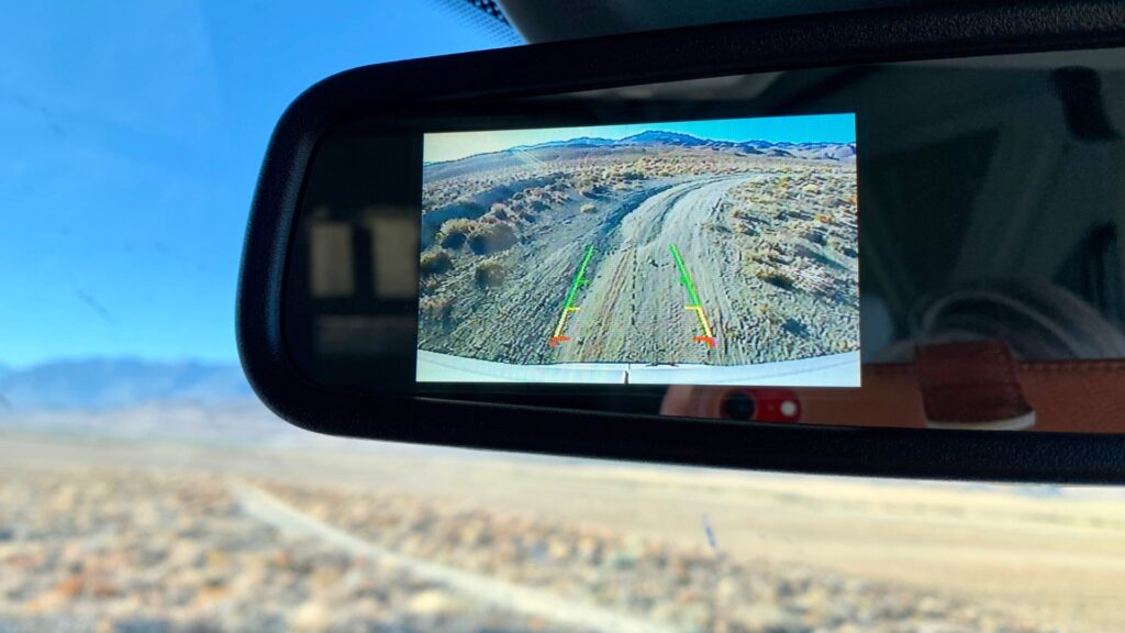A close up shot of a backup camera. This type of product will be extremely helpful when triple towing. 
