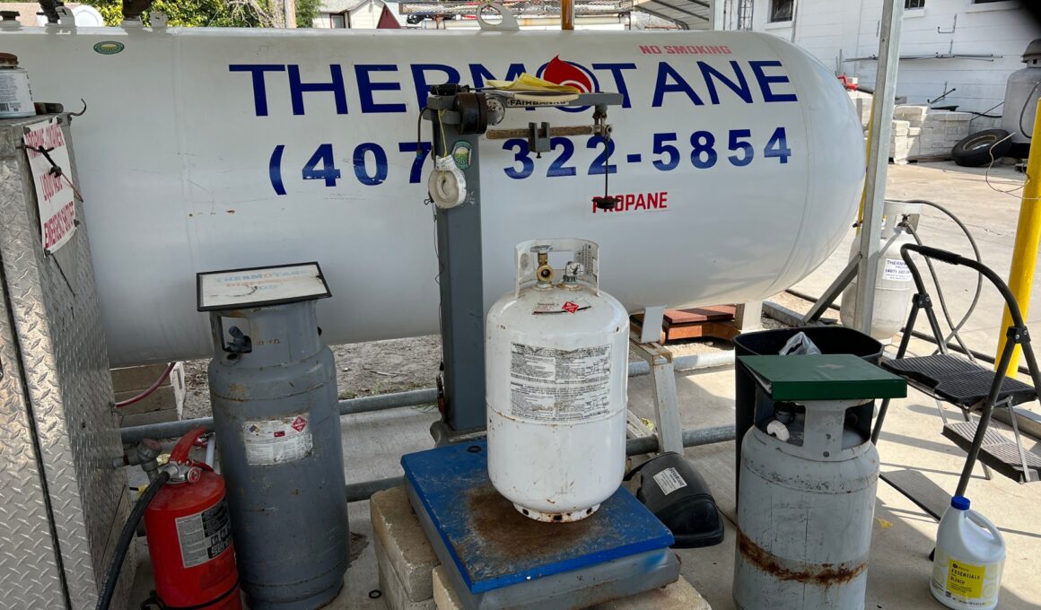 Filling a 30 lb propane tank at a local propane supplier