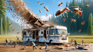 AI image of an RV infested with termites exploding into a swarm with people running
