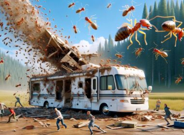 AI image of an RV infested with termites exploding into a swarm with people running