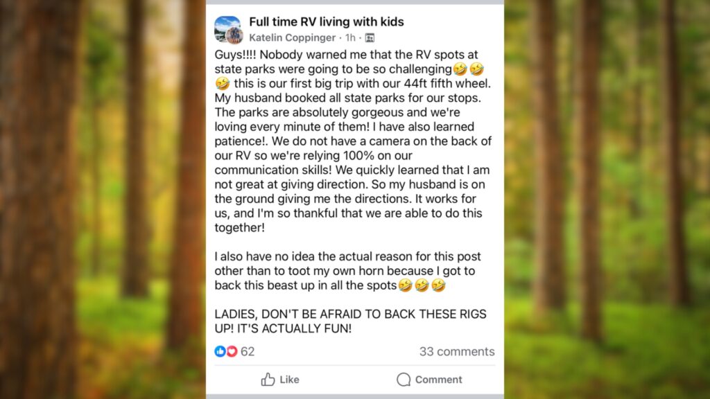 A screenshot on a blurry background of a woman explaining how hard it is to fit her 44 foot RV in state park campgrounds. 