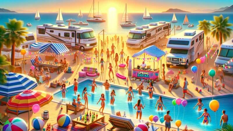 AI image of a spring break party on the beach of an RV park