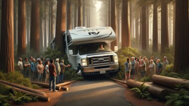 AI image of an RV newbie trying to park his RV in a tight wooded site and the campground laughing at him