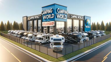 AI image of a camping world dealership with a large closed banner on the side of the building