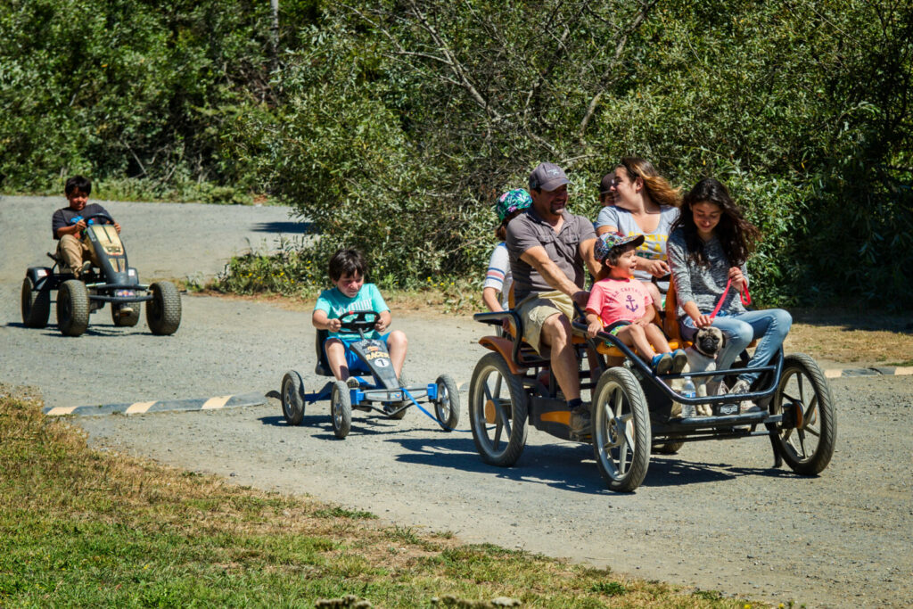 A family is riding rental 4 person bikes around a campground