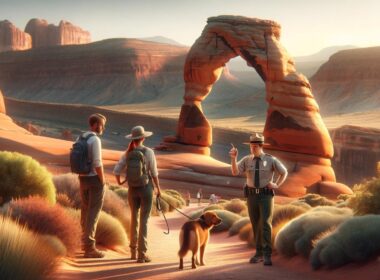 AI image of a couple and their dog hiking in arches national park with their dog which isnt allowed. They are being yelled at by a national park ranger