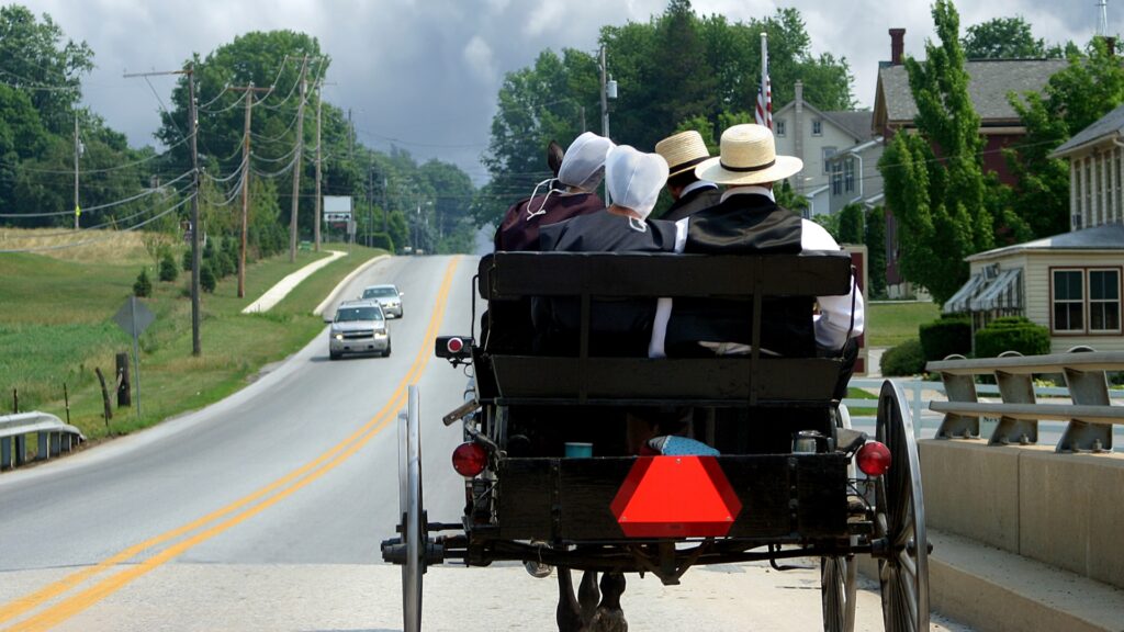 Four Amish people in a horse drawn buggy going down a road. 