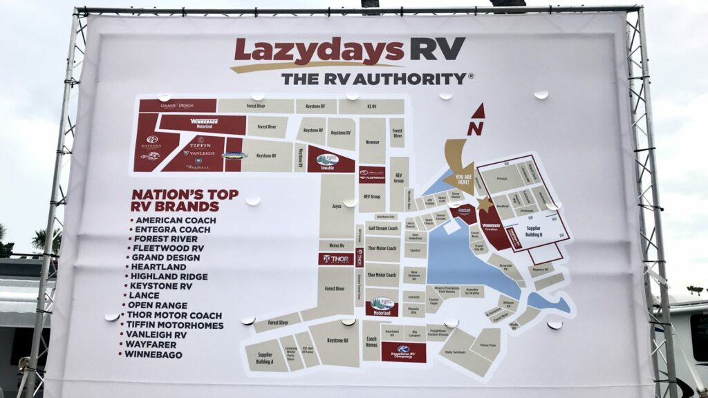 A map that says Lazydays RV showing all of the nation's top RV brands in a list. 