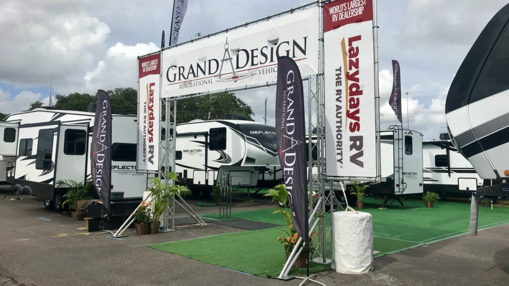 A Grand Design section at an RV show. You want to know a dealership's reputation when choosing an RV dealership. 
