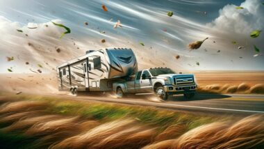 AI image of a truck towing a fifth wheel rv in high winds