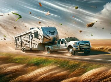 AI image of a truck towing a fifth wheel rv in high winds