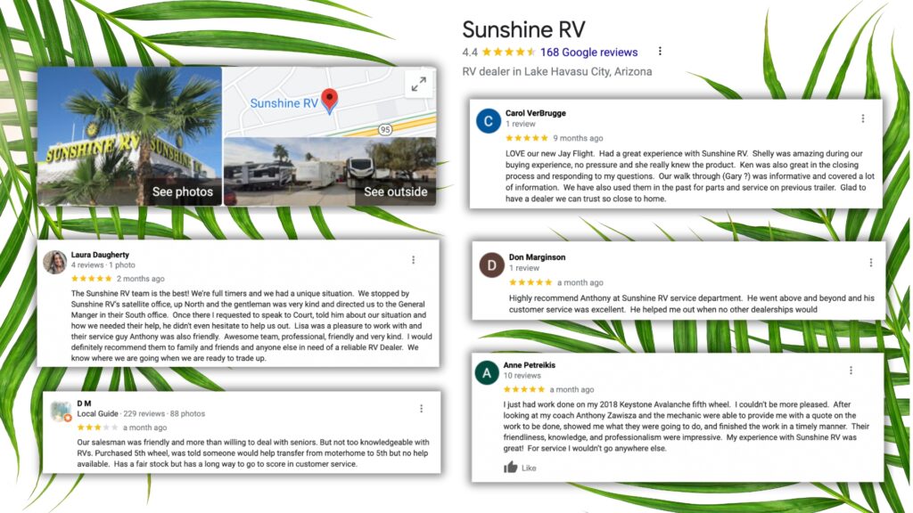 Screenshots of good reviews for an RV dealership called Sunshine RV in Arizona. 