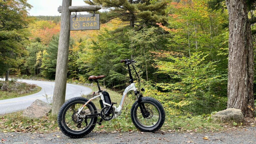 A RAD Electric bike parked in Acadia National Park on the bike trail called Carriage Road.